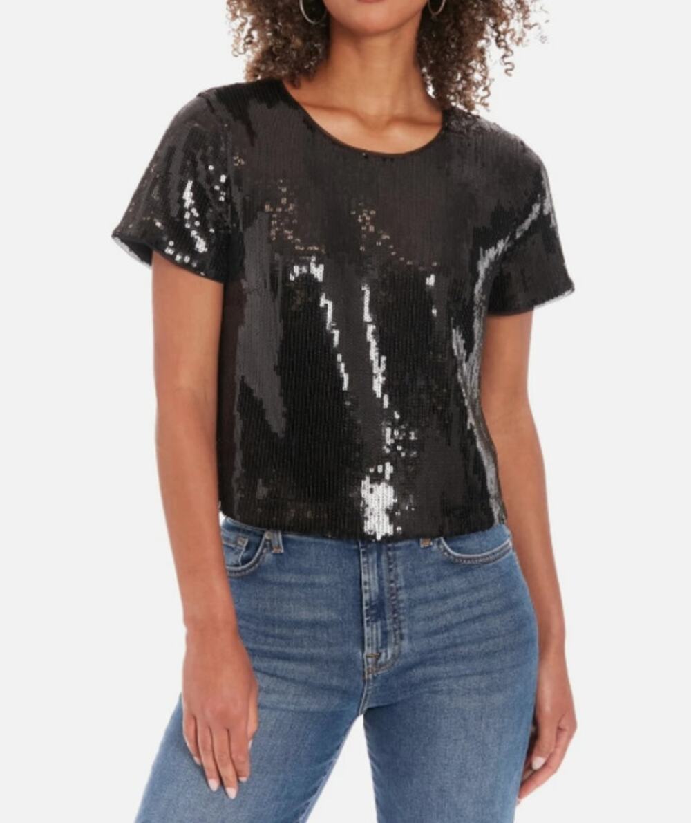 Muse Cropped Boxy Sequined Top Short Sleeve  Blouse Black 14